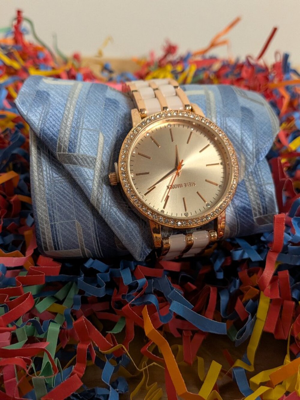Men's blue and grey tie with rose watch set.